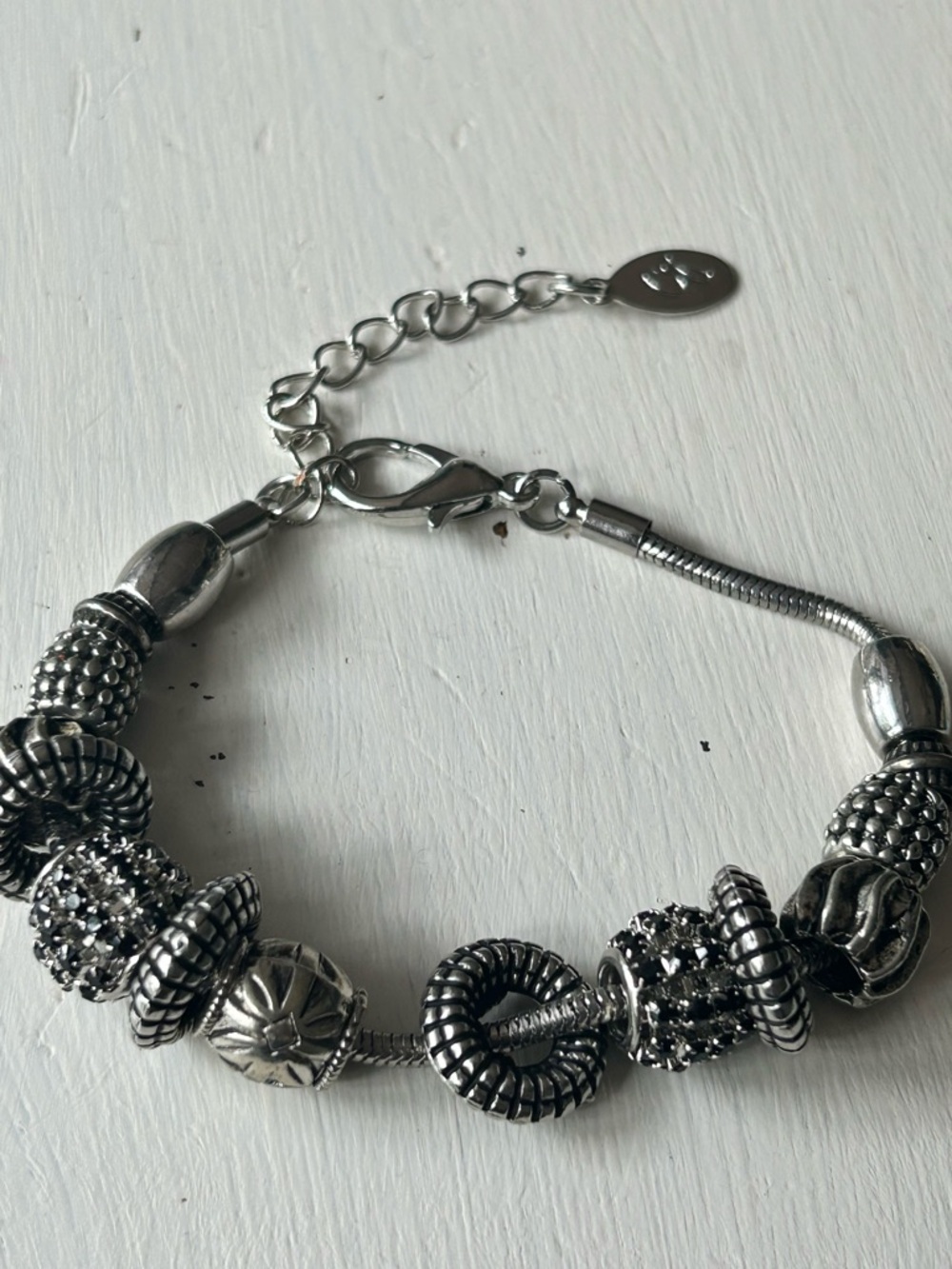 Ethel and Myrtle Charm Bracelet  Barrel Beads Cg Rhinestones Dangle, snake chain